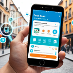 A modern individual effortlessly navigating daily life with a smartphone in hand. Around them, vibrant, glowing data streams connect to floating icons representing instant services like a pre-ordered coffee, a real-time parcel tracker, a bank app, and smart home controls. The background is a blurred, dynamic urban landscape, emphasizing the seamless convenience and speed of real-time mobile information. High-tech, optimistic, and highly connected.