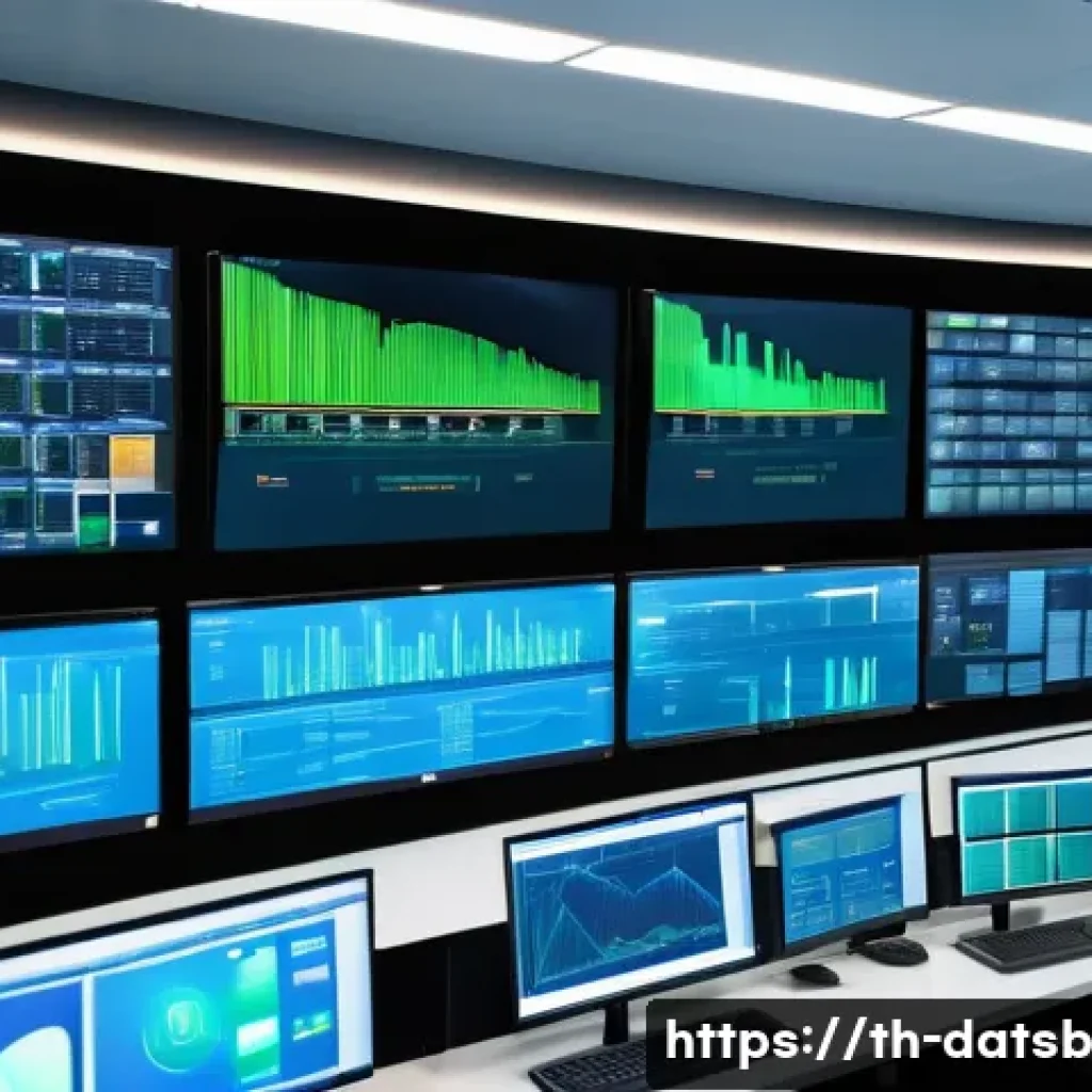 실시간 데이터 처리 파이프라인에서의 데이터 유통 경로 - A modern industrial factory control room with multiple large digital screens displaying real-time da...