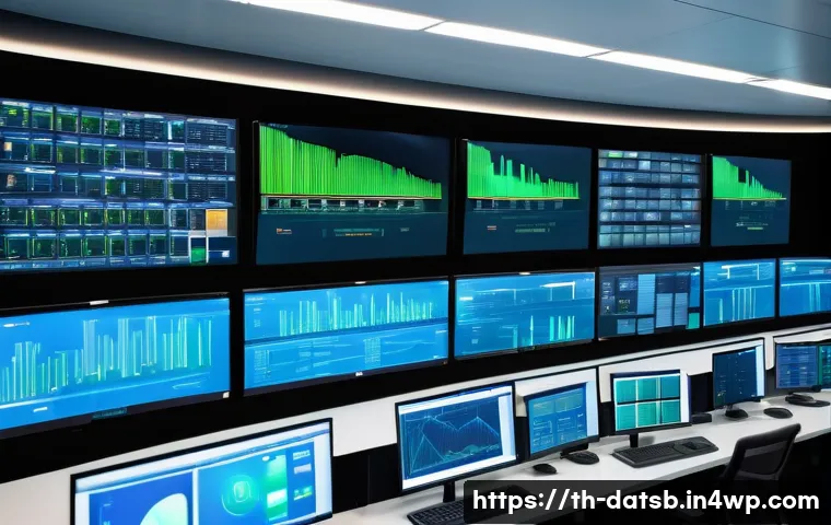 실시간 데이터 처리 파이프라인에서의 데이터 유통 경로 - A modern industrial factory control room with multiple large digital screens displaying real-time da...