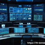 Home 21 실시간 데이터 처리 파이프라인의 보안 고려사항 - A high-tech control room filled with multiple large digital screens displaying real-time data encryp...
