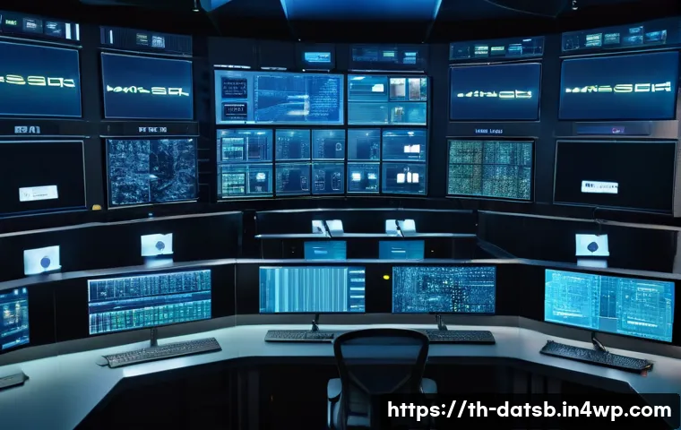 실시간 데이터 처리 파이프라인의 보안 고려사항 - A high-tech control room filled with multiple large digital screens displaying real-time data encryp...