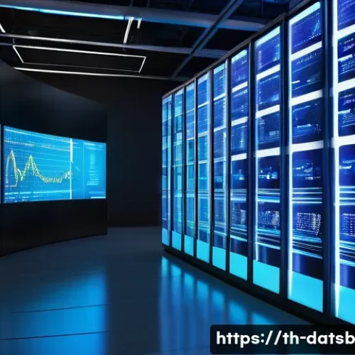 Home 32 실시간 데이터 처리에서의 데이터 포맷 변환 기법 - A modern high-tech data center environment showcasing real-time data processing, featuring large tra...