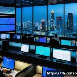 Home 19 이벤트 기반 아키텍처와 실시간 데이터 처리 - A high-tech Thai city control center with multiple large screens displaying real-time data streams, ...