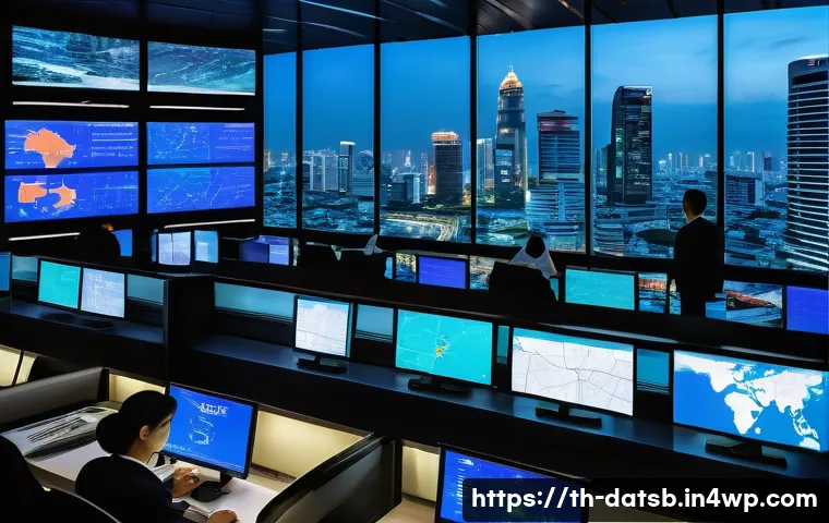 이벤트 기반 아키텍처와 실시간 데이터 처리 - A high-tech Thai city control center with multiple large screens displaying real-time data streams, ...