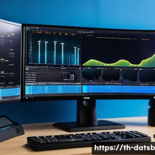 Home 30 고성능 실시간 데이터 처리 파이프라인 설계 - A modern data engineer’s workspace showcasing a large curved monitor displaying a real-time data pip...