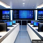 Home 23 실시간 데이터 처리에서의 사용자 경험 개선 - A modern data center control room with multiple large screens displaying real-time data streams, gra...