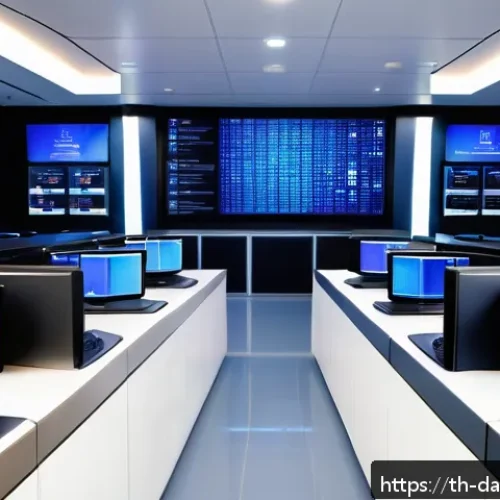 Home 17 실시간 데이터 처리에서의 사용자 경험 개선 - A modern data center control room with multiple large screens displaying real-time data streams, gra...