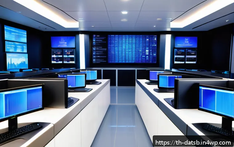 실시간 데이터 처리에서의 사용자 경험 개선 - A modern data center control room with multiple large screens displaying real-time data streams, gra...